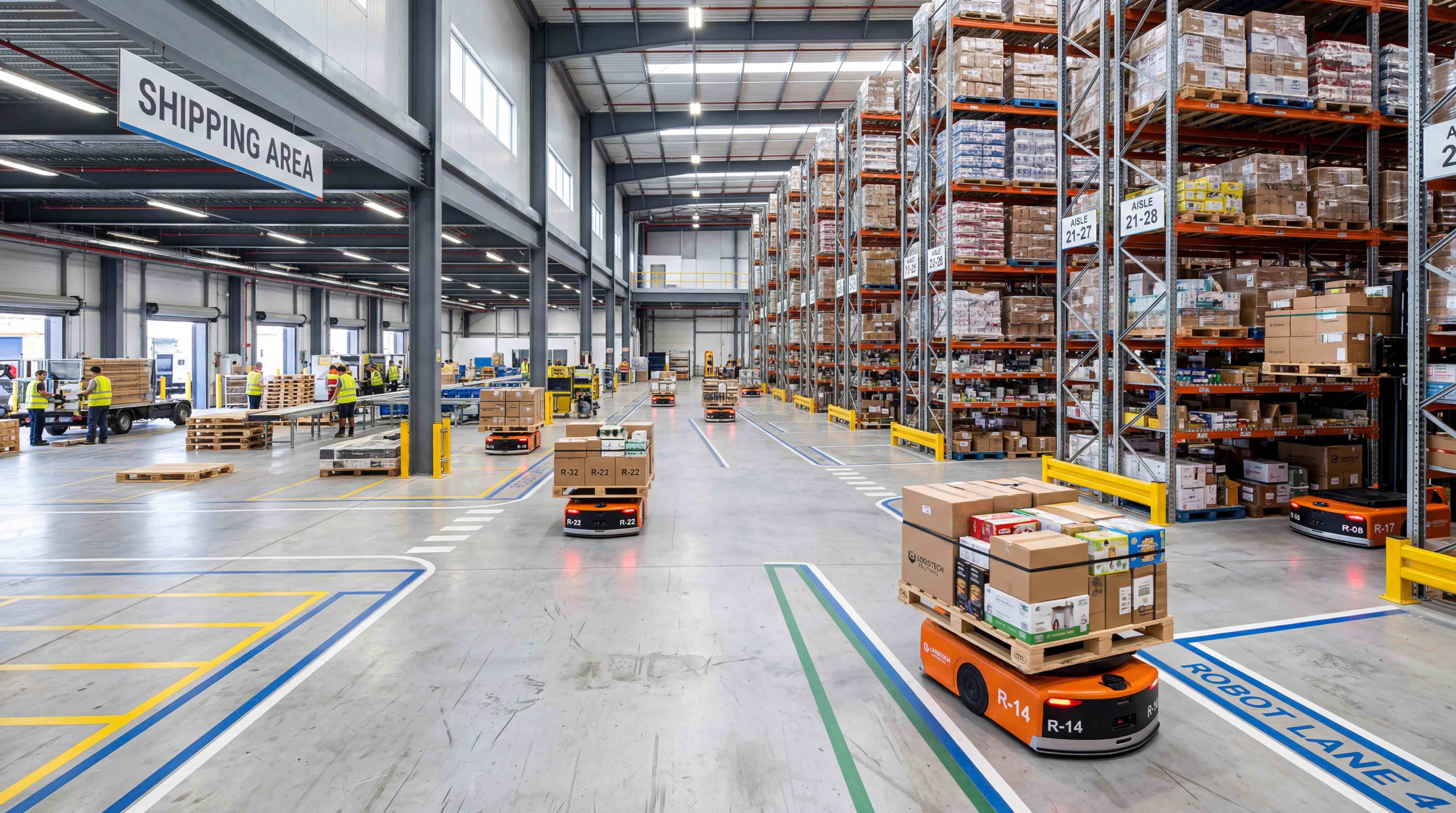 Warehouse AMR solution moving palletized goods through a shipping and replenishment area